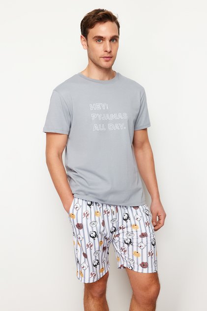 Gray Regular Fit Printed Knitted Shorts Pajamas Set TMNSS23PT00000