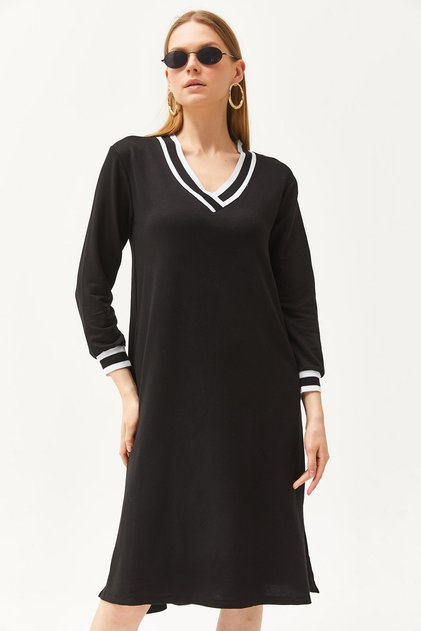 Women's Black Collar Detailed Pocket Slit Casual Crystal Dress ELB-19002093