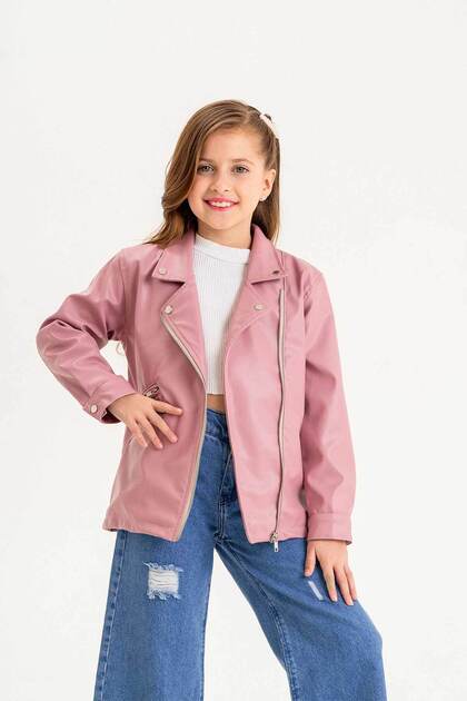 Zippered Lined Girl Leather Jacket