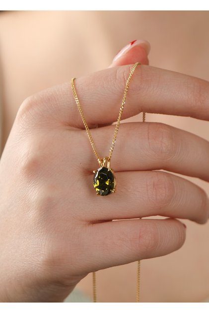 Peridot Oval Gümüş Kolye 925 Ayar Gümüş Yeşil Kolye, Oval Taşlı Gümüş Kolye