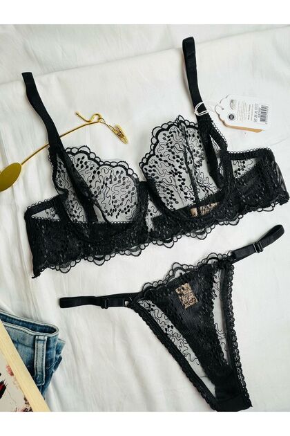 Women's Capless Underwire Black Drop Patterned Lace Bralet Bra Set