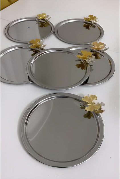 6-Piece Butterfly Round Silver Serving Tray Decorative Serving Tray for Tea, Coffee 22 cm