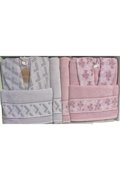 Fiore Line Gri Pembe Bambu Aile Bornoz Seti Bornoz