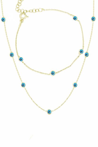 Trend Silver Gümüş Yaldızlı Mavi Mineli Nazarlı Tiffany Kolye Ve Bileklik Takım Seti - 1
