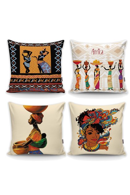 Ethnic African Women Modeled 4-Piece Throw Pillow Cover Set