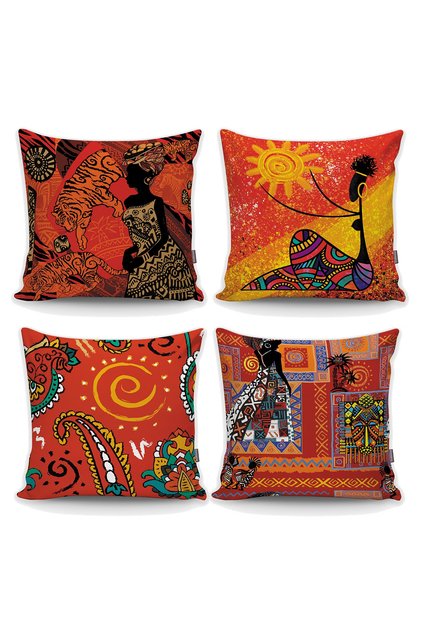 Black Woman on Red Background and African Ornament Decorative Set of 4 Throw Pillow Covers