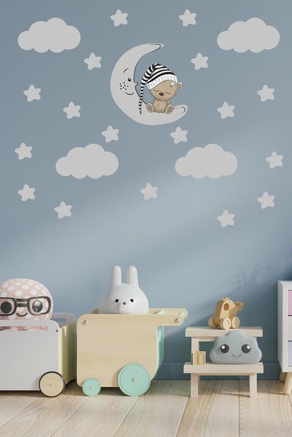 Sleeping Teddy Bear, Gray Stars and Gray Clouds Decorative Baby Kids Room Sticker