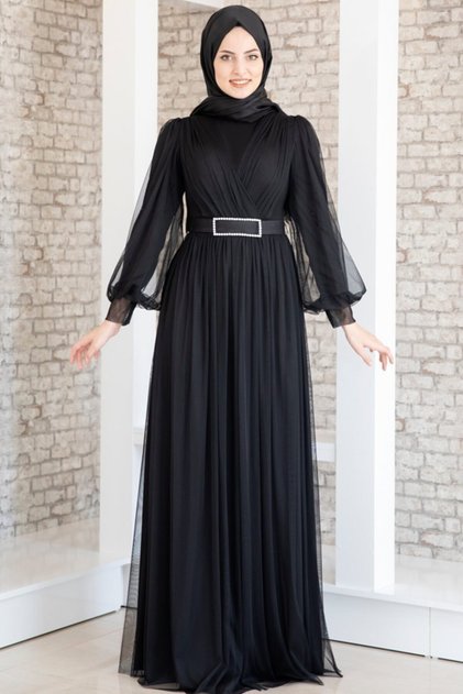 Women's Black Belt Jewelled Tulle Detail Evening Dress Fsc2020