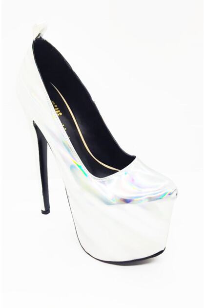 Silver Lame Hologram Platform Thin High Heel Women's Shoes