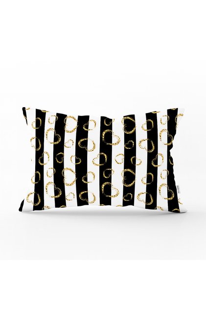 Large Small Mustard Heart Printed Rectangular Throw Pillow Cover on Black and White Background