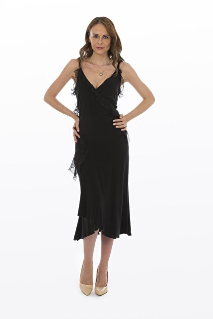 Bosca Kadın Siyah Askılı İpek Şifon Fırfır Detaylı Salaş Görünümlü Yan Yırtmaçlı Uzun Elbise - 1