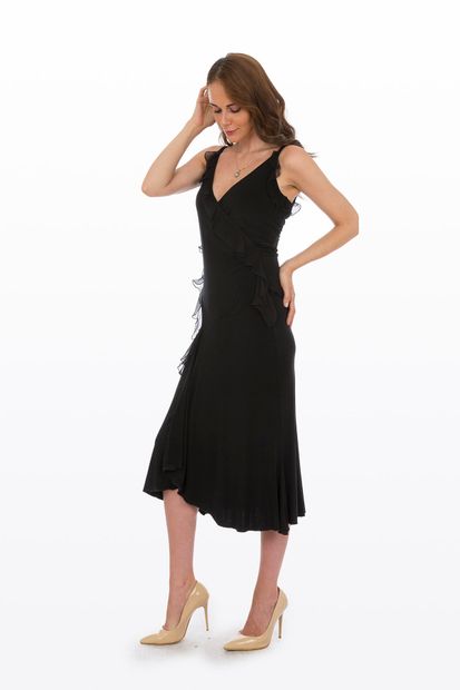 Bosca Kadın Siyah Askılı İpek Şifon Fırfır Detaylı Salaş Görünümlü Yan Yırtmaçlı Uzun Elbise - 2