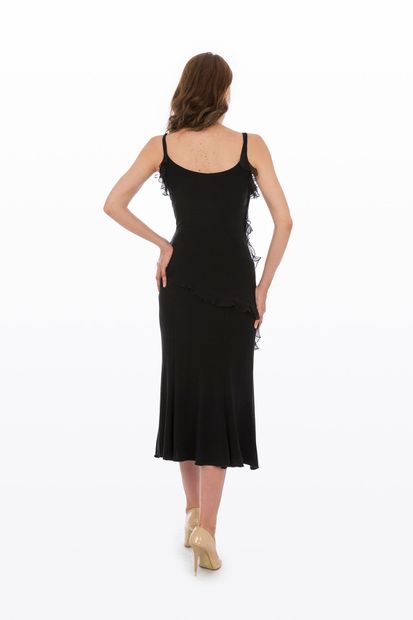 Bosca Kadın Siyah Askılı İpek Şifon Fırfır Detaylı Salaş Görünümlü Yan Yırtmaçlı Uzun Elbise - 5