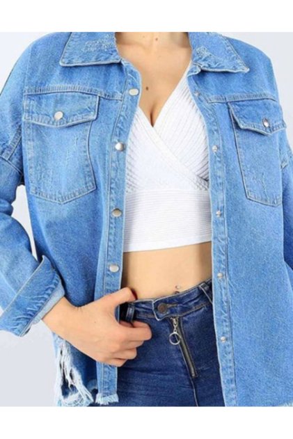 Kadın Mavi Jeans Kot Denim Oversize Tarz Ceket