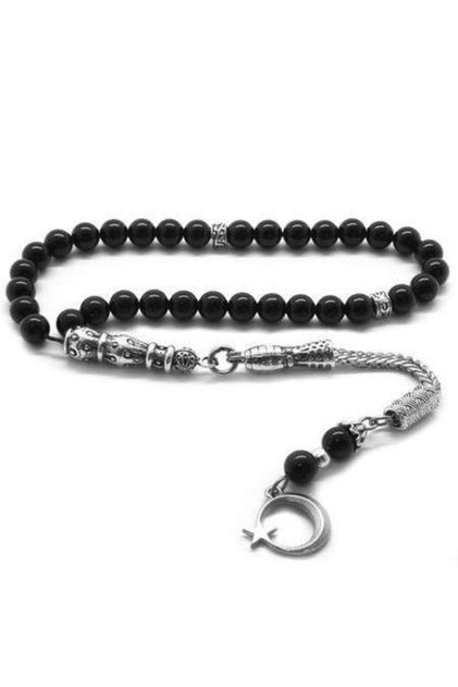 Non-Tarnish Metal Crescent Star Tasseled Globe Cut Onyx Natural Stone Rosary