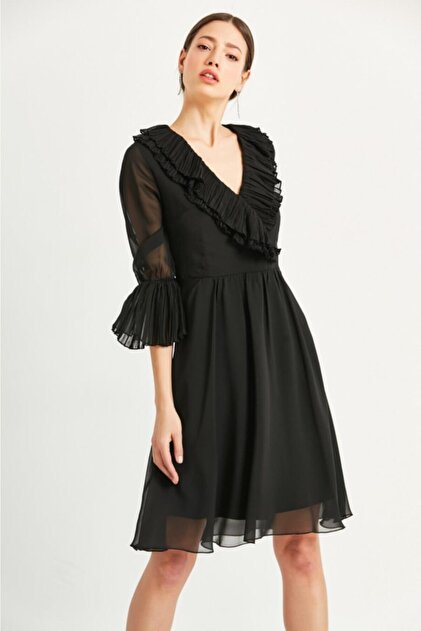 Say Kadın Siyah Yakası Pileli Şifon Elbise - 3