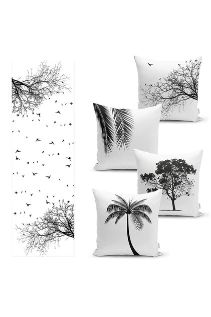 Black and White Tree Designed Set of 4 Throw Pillow Covers and 1 Runner