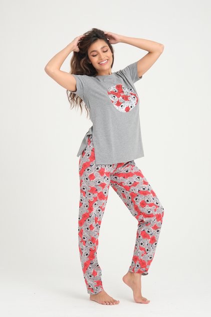 Gray Teddy Bear Printed Cotton T-shirt-Pants Knitted Pajama Set
