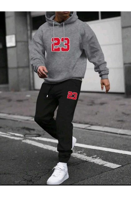 Printed Top and Bottom Hooded Men's Tracksuit Set Gray