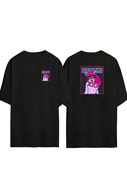 THEWERT Unisex Hentaı XXX Ön Arka Baskılı Sıyah Oversize T-shirt