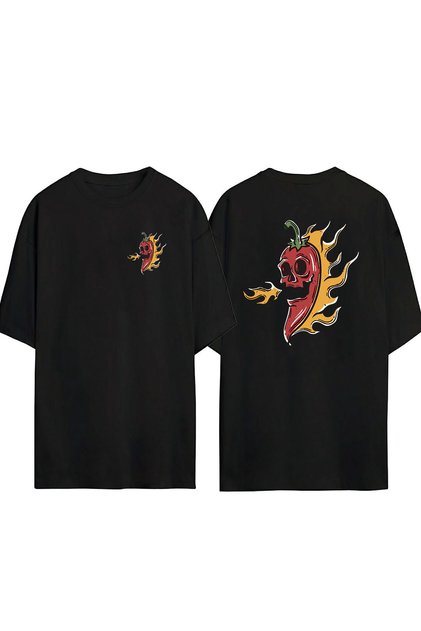 Unisex Flaming Hot Pepper Front Back Printed Black Oversize T-shirt