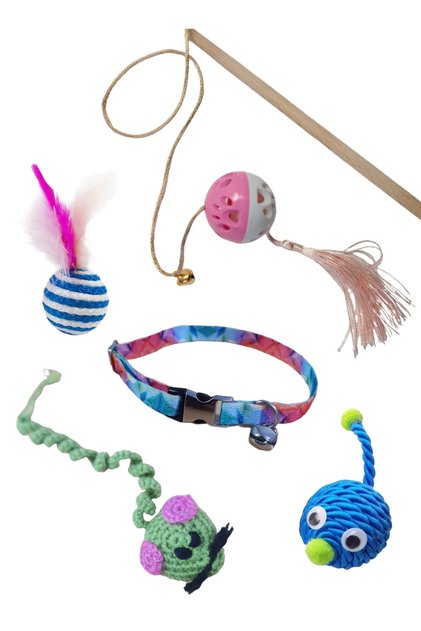 Cat Toy Set 5 Pieces Fishing Rod, Feather Ball, Game Monster, Catnip Teething Frog and Cat Collar
