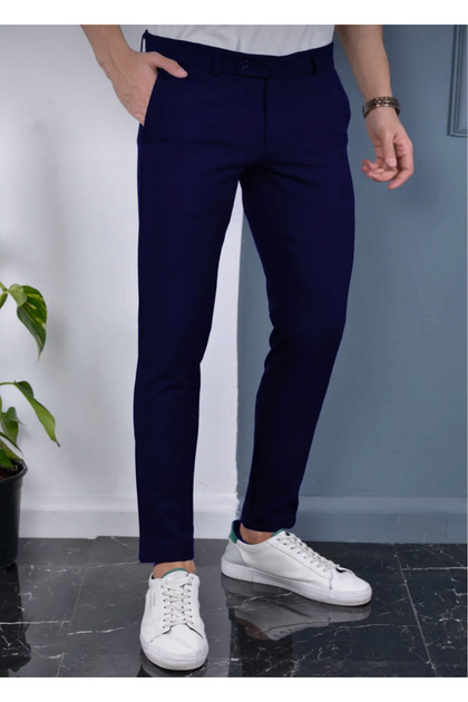 Men's Navy Blue Color Italian Cut Quality Flexible Lycra Fabric Ankle Length Trousers