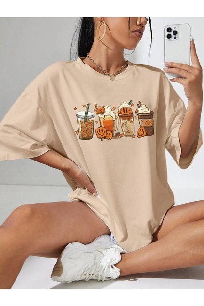 Women's/girls' earth oversize t-shirt with coffee & cartoon print