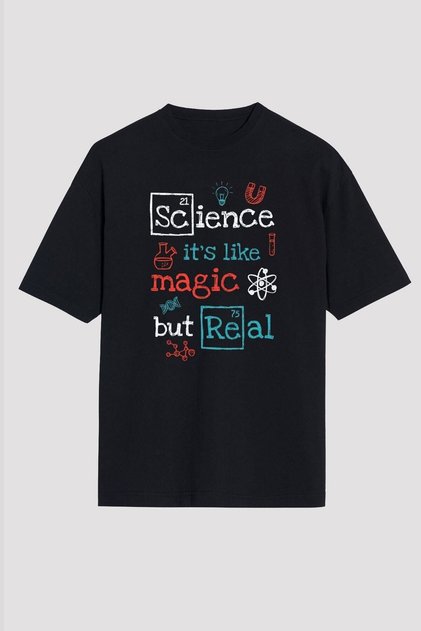 Unisex Loose Fit Science Magic Printed Black T-Shirt - T-shirt