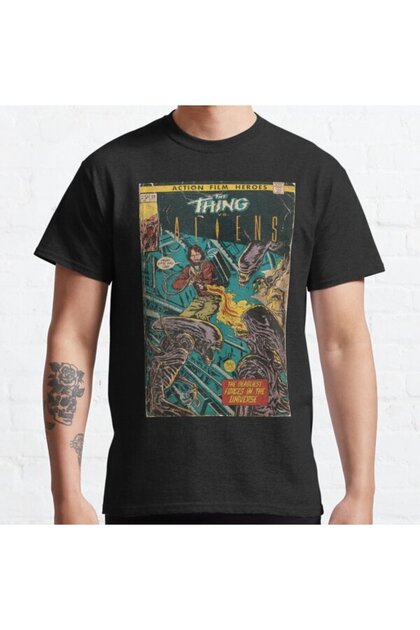 Loose Fit Unisex The Thing Vs. Aliens Fan Art Comic Cover Design Printed T-shirt