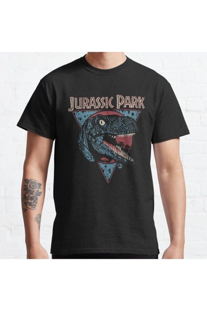 Loose Fit Unisex Jurassic Park New Wave Velociraptor Retro Triangle Logo Design Printed T-shirt