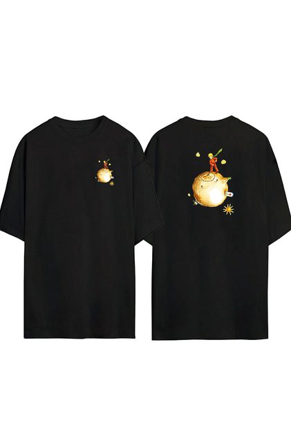 Unisex Little Prince Yellow Planet Front Back Printed Black Oversize T-shirt