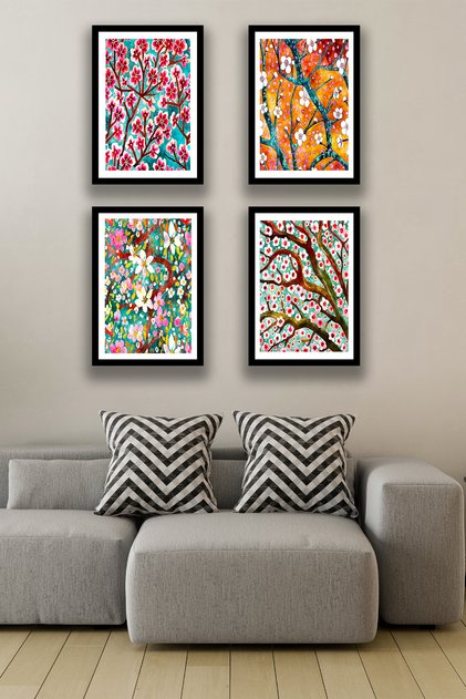 Floral Frame Look 4-Piece Stylish Wooden Painting Model, Home, Living Room, Hall Wall Decoration