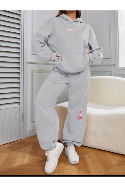 Black/Grey Happiness Printed Bottom Top Hooded Set Oversize Women's Tracksuit Set