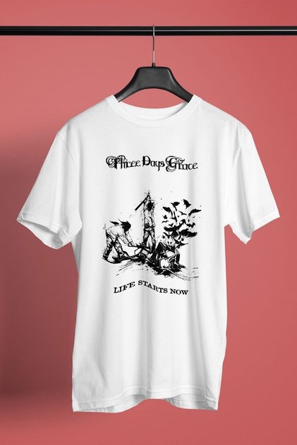 Unisex Loose Fit Three Days Grace Printed White T-Shirt