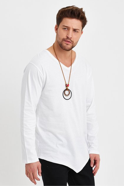 V-Neck Asymmetrical and Filthy Cut Detailed Long Sleeve T-Shirt
