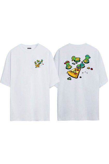 Unisex Ninja Turtles And Pizza Front Back Printed White Oversize T-shirt