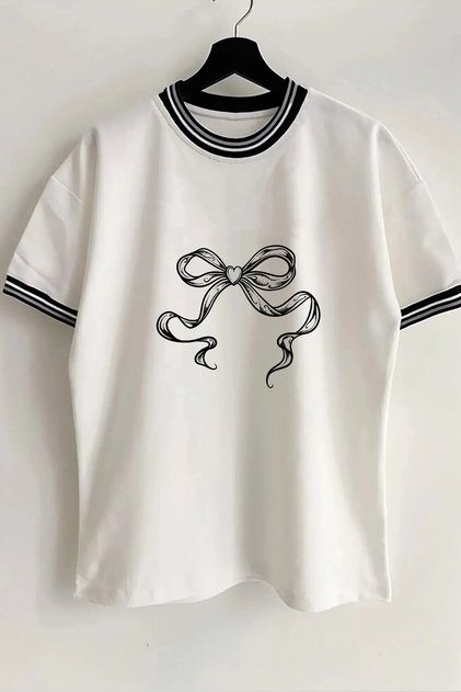 Ribbon Camping Printed New Season Collar and Sleeve Detailed Ribbed White Oversize Unisex T-shirt