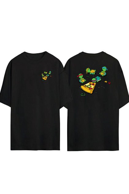 Unisex Ninja Turtles And Pizza Front Back Printed Black Oversize T-shirt