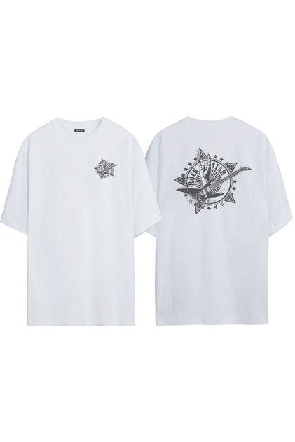Unisex Rock Star Logo Illustration Front Back Printed White Oversize T-shirt