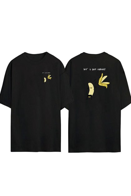 Unisex Let's Get Naked Front Back Printed Black Oversize T-shirt