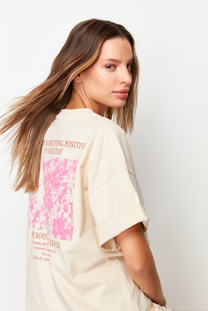 Taş %100 Kalın Pamuklu Ön ve Arka Baskılı Oversize/Geniş Kalıp Örme T-Shirt TWOSS23TS00269