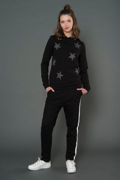 FOR YOU MODA Kapişonlu Yıldız Baskılı Siyah Sweatshirt - 1