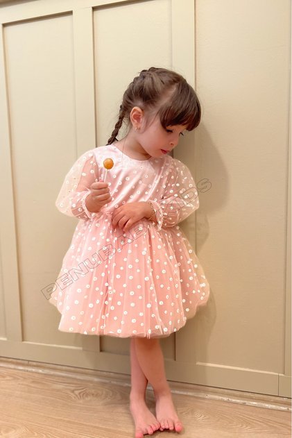 Pudra Pembe Çiçek Detaylı Truvakar Kol Kız Bebek Elbise