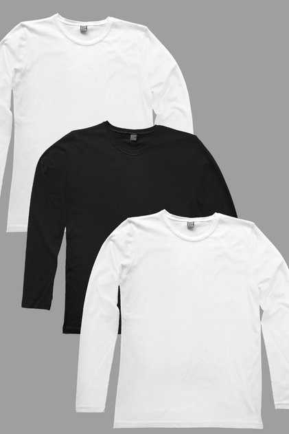 Plain 2 White, 1 Black Long Sleeve Crew Neck Men's Combed Cotton T-Shirt 3-Piece Eco Pack