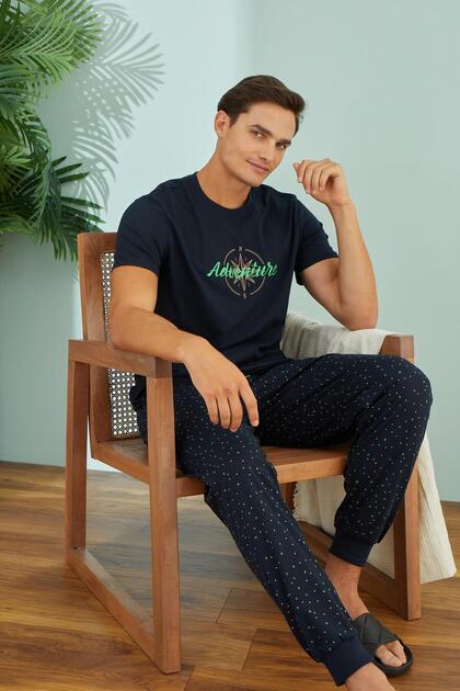 Men's Short Sleeve 3-Piece Navy Blue Shorts Pajama Set C9T9N49