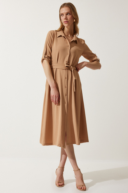 Happiness İstanbul Women's Camel Belted Shirt Dress DD01256- Trendyol