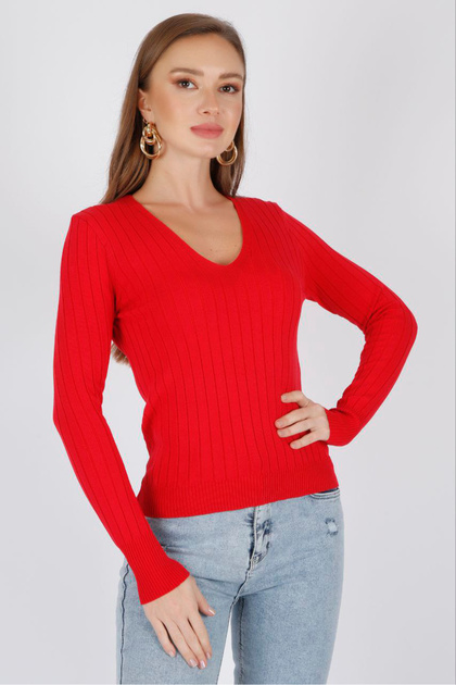 V-Neck Long Sleeve Ribbed Solid Color Fit Cut Summer Stretchy Knitwear Blouse