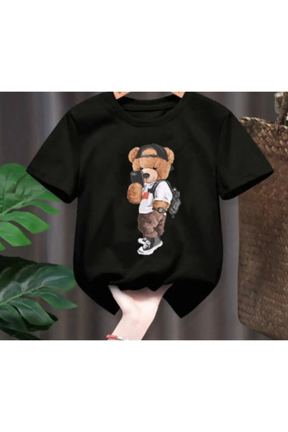 Children's Trend Model Black Teddy Bear Printed Cotton T-Shirt