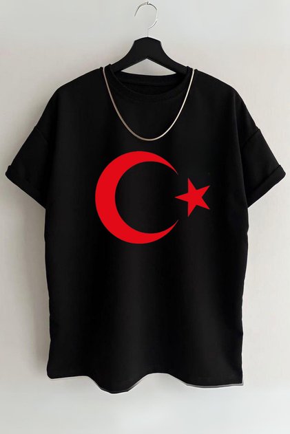 Unisex Red Flag T-Shirt - Crescent and Star T-Shirt Oversize 100% Cotton